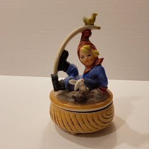 Vintage Ceramic Skiing Child Rabbit Rotating Music Box Plays Frosty The Snowman